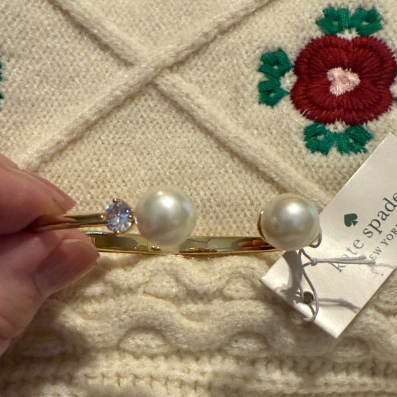 Kate Spade Gold Bracelet with Pearl Accents Spring Open, Fits Smaller Wrist - Picture 2 of 5